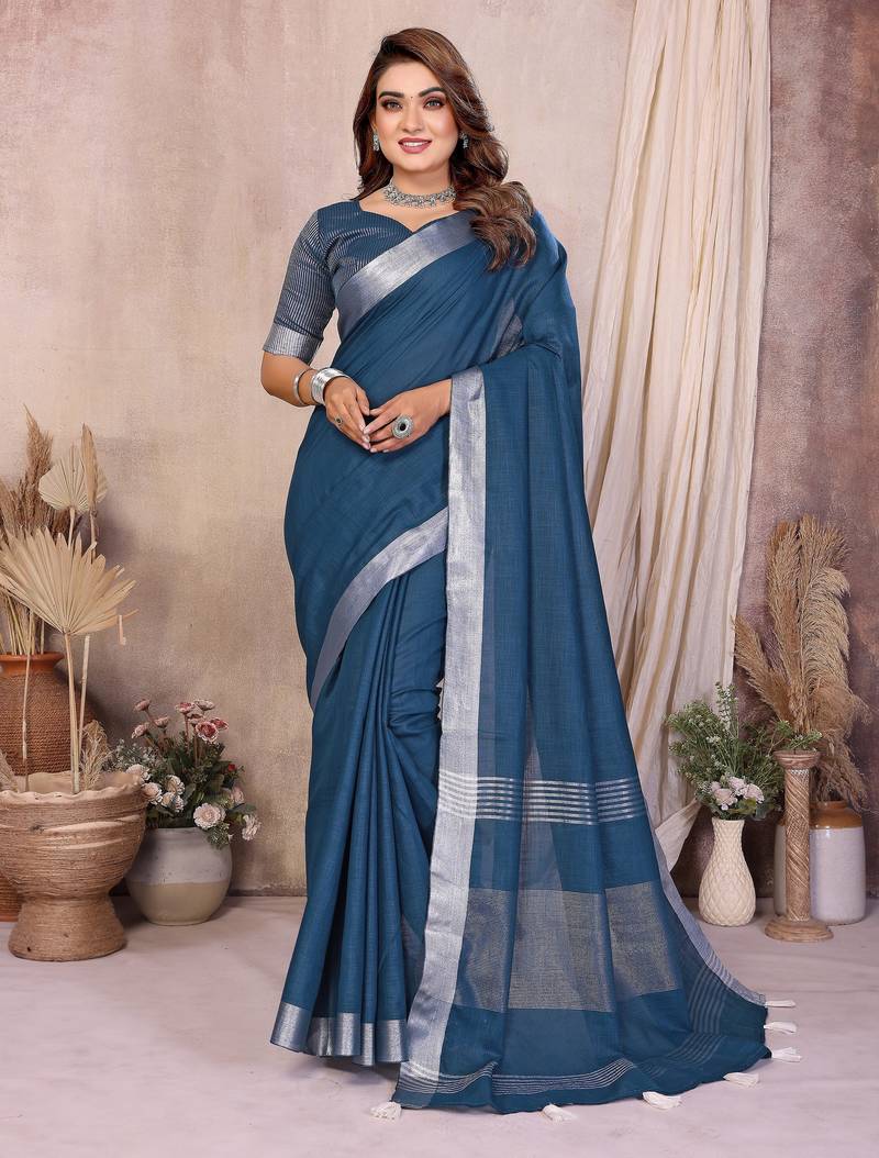 teal color linen cotton fabric woven silver jari designer ceremonial saree