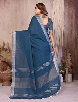 teal linen cotton woven silver zari ceremonial saree 3