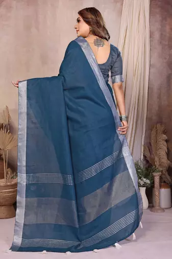 teal linen cotton woven silver zari ceremonial saree