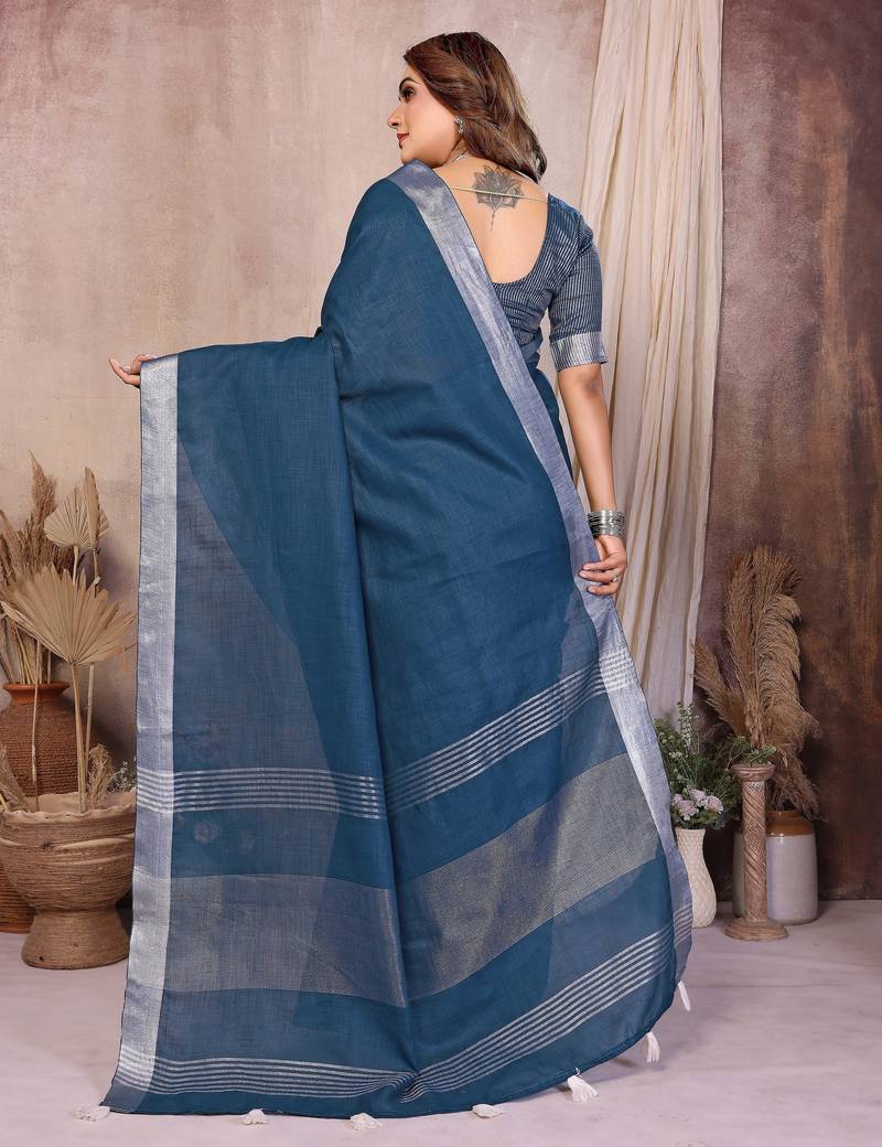 teal color linen cotton fabric woven silver jari designer ceremonial saree