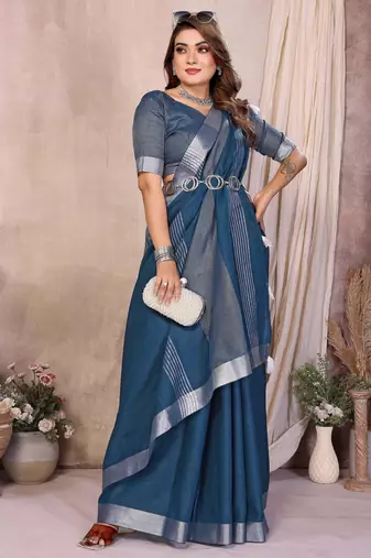 teal linen cotton woven silver zari ceremonial saree