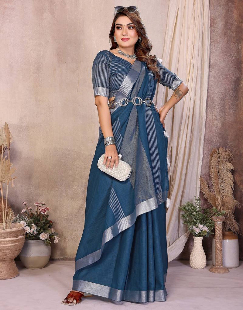 teal color linen cotton fabric woven silver jari designer ceremonial saree