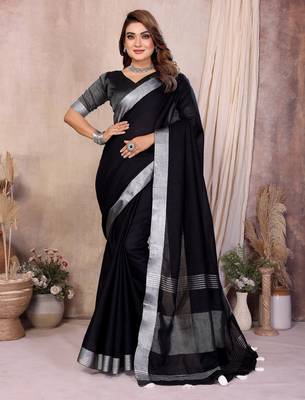 black linen cotton woven silver zari ceremonial saree 1