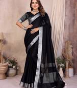 black color linen cotton fabric woven silver jari ceremonial saree