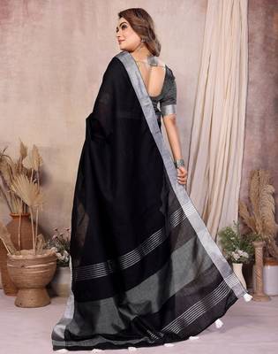 black linen cotton woven silver zari ceremonial saree 3