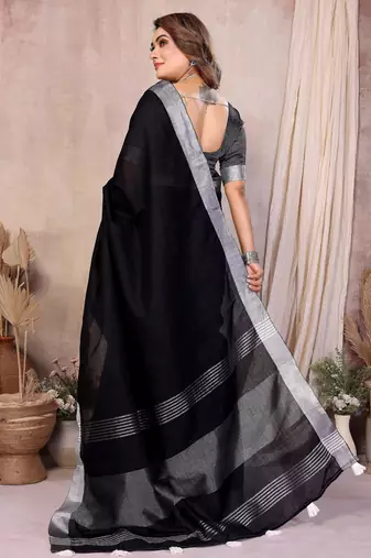 black linen cotton woven silver zari ceremonial saree