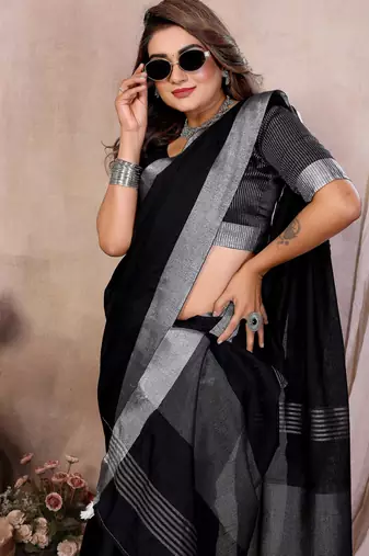 black linen cotton woven silver zari ceremonial saree