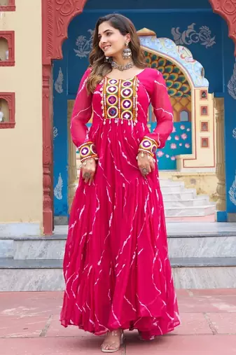 Pink Faux Georgette Kutchi Patchwork Gown for Women | Semi Stitched Festive & Traditional Wear Gown