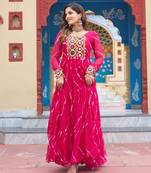 Pink Faux Georgette Kutchi Patchwork Gown for Women | Semi Stitched Festive & Traditional Wear Gown