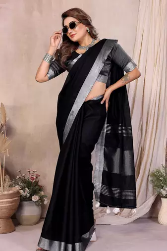 black linen cotton woven silver zari ceremonial saree