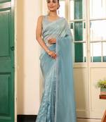 sky blue color chiffon fabric fancy swarovski work ethnic girlie saree