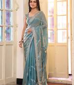 teal color tissue fabric embroidery work ethnic girlie saree