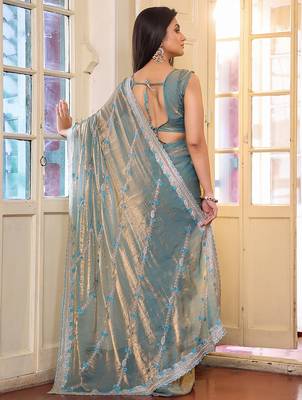 teal tissue embroidery work ethnic girlie saree 2