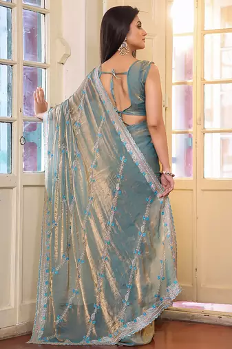 teal tissue embroidery work ethnic girlie saree