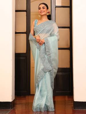 grey tissue embroidery work ethnic girlie saree 4