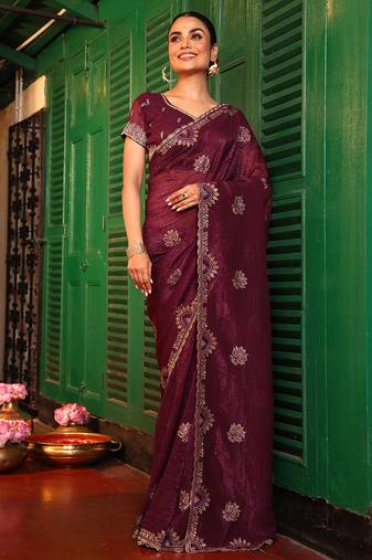 coffee color chiffon fabric embroidery work ethnic girlie saree