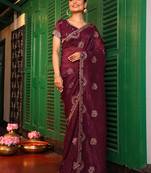 coffee color chiffon fabric embroidery work ethnic girlie saree