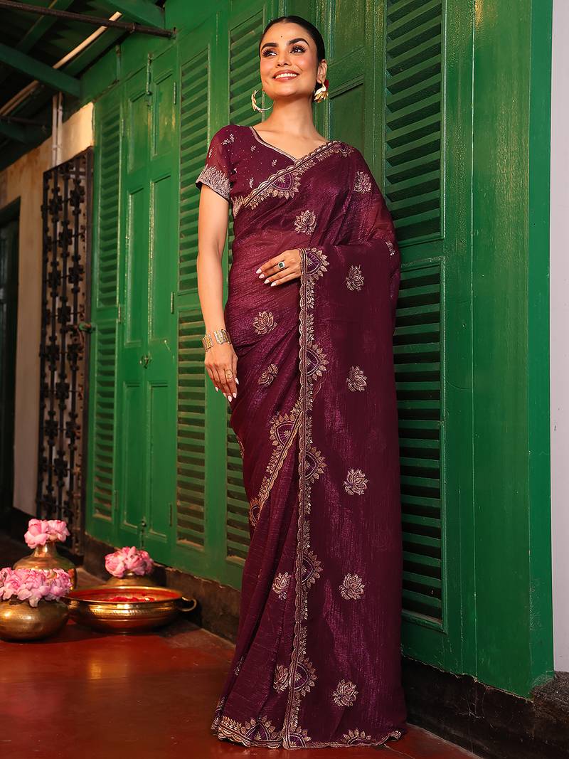 coffee color chiffon fabric embroidery work ethnic girlie saree