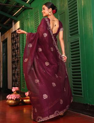 coffee chiffon embroidery work ethnic girlie saree 2