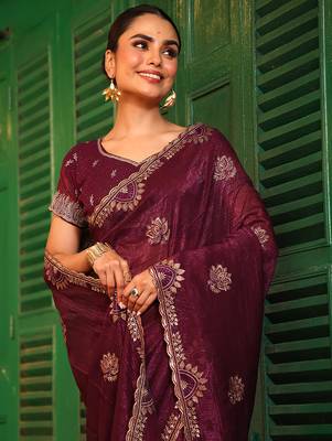 coffee chiffon embroidery work ethnic girlie saree 3