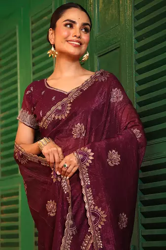 coffee chiffon embroidery work ethnic girlie saree