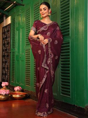coffee chiffon embroidery work ethnic girlie saree 4