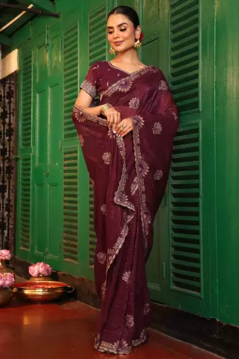 coffee chiffon embroidery work ethnic girlie saree