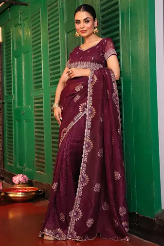 coffee chiffon embroidery work ethnic girlie saree