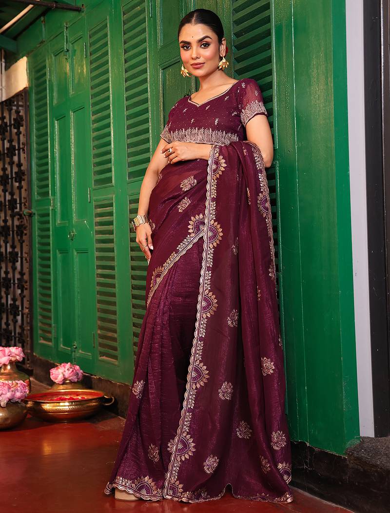 coffee color chiffon fabric embroidery work ethnic girlie saree