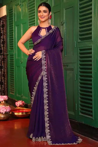 purple color tissue fabric fancy designer swarovski work ethnic girlie saree