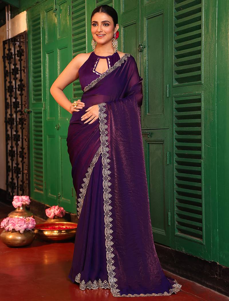 purple color tissue fabric fancy designer swarovski work ethnic girlie saree