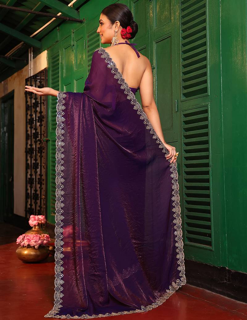 purple color tissue fabric fancy designer swarovski work ethnic girlie saree