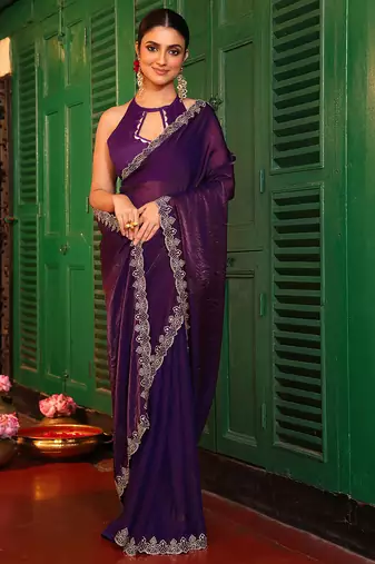 purple tissue fancy swarovski work ethnic girlie saree