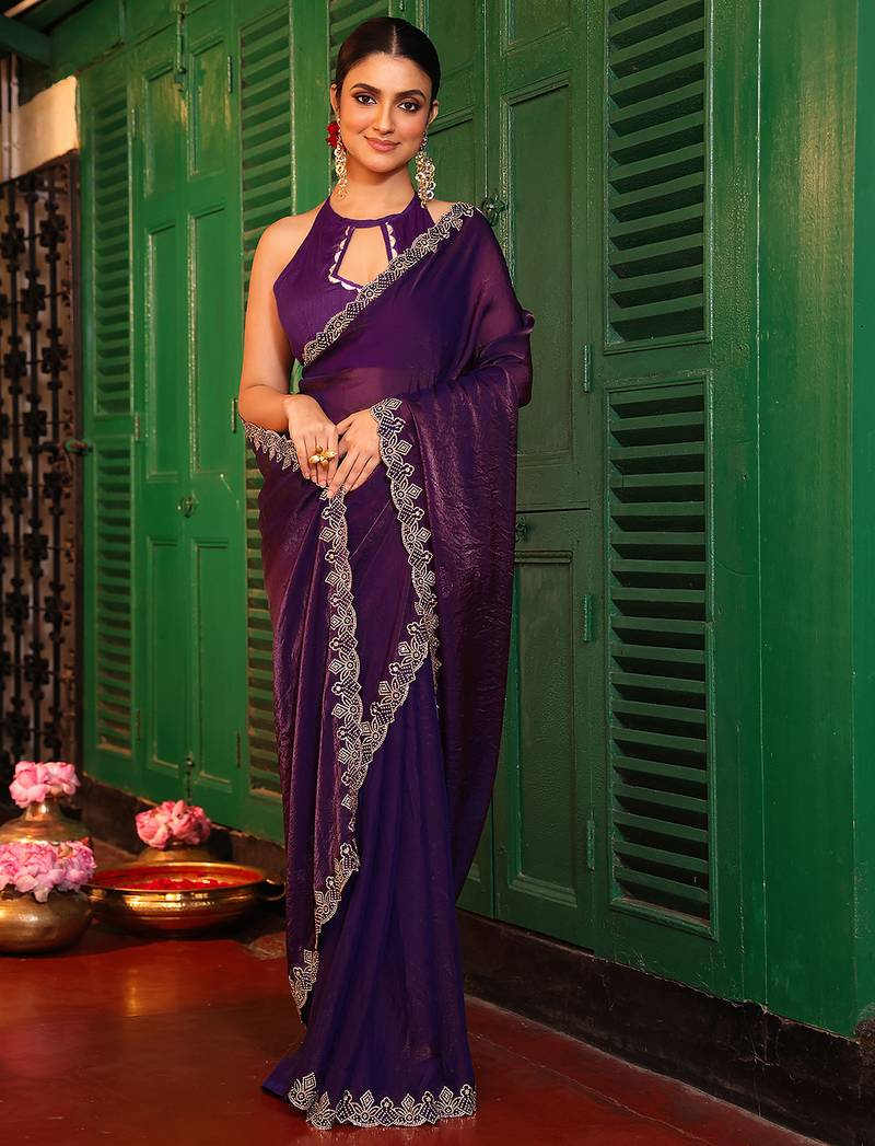 purple color tissue fabric fancy designer swarovski work ethnic girlie saree
