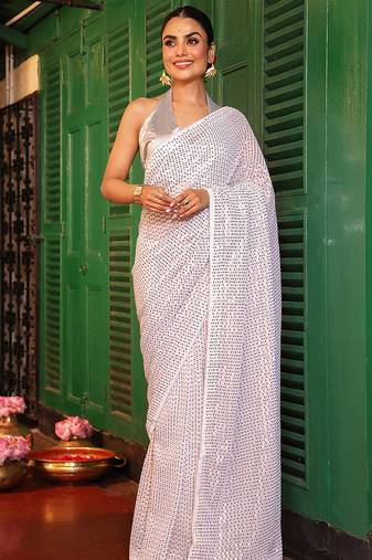 white color georgette fabric sequance embroidery work ethnic girlie saree