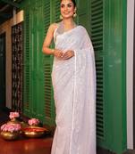 white color georgette fabric sequance embroidery work ethnic girlie saree