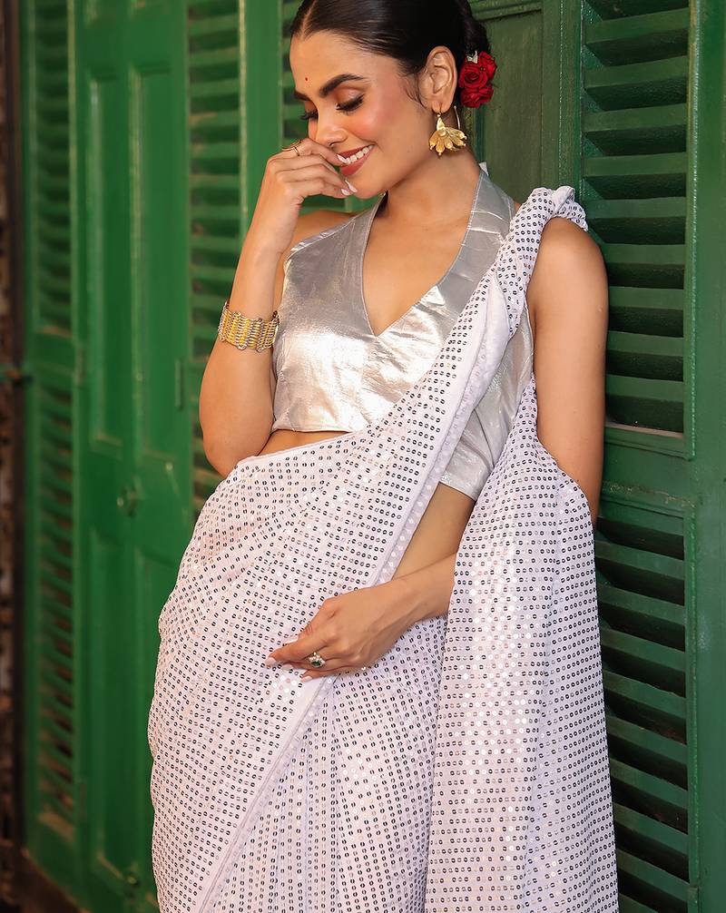 white color georgette fabric sequance embroidery work ethnic girlie saree