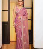pink color tissue fabric embroidery work ethnic girlie saree