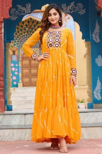 Yellow Faux Georgette Kutchi Patchwork Gown for Women | Semi Stitched Traditional & Festive Wear Gown