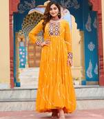 Yellow Faux Georgette Kutchi Patchwork Gown for Women | Semi Stitched Traditional & Festive Wear Gown