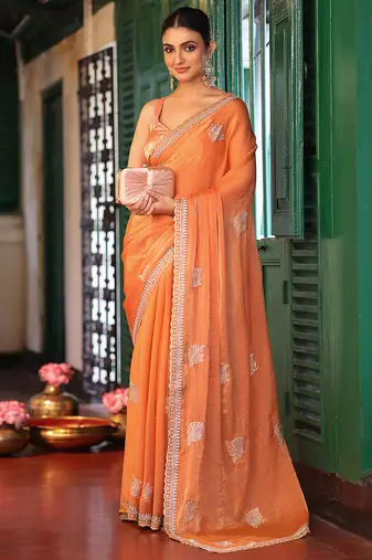 orange color tissue fabric embroidery work ethnic girlie saree