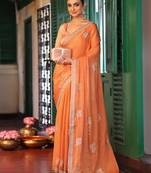 orange color tissue fabric embroidery work ethnic girlie saree