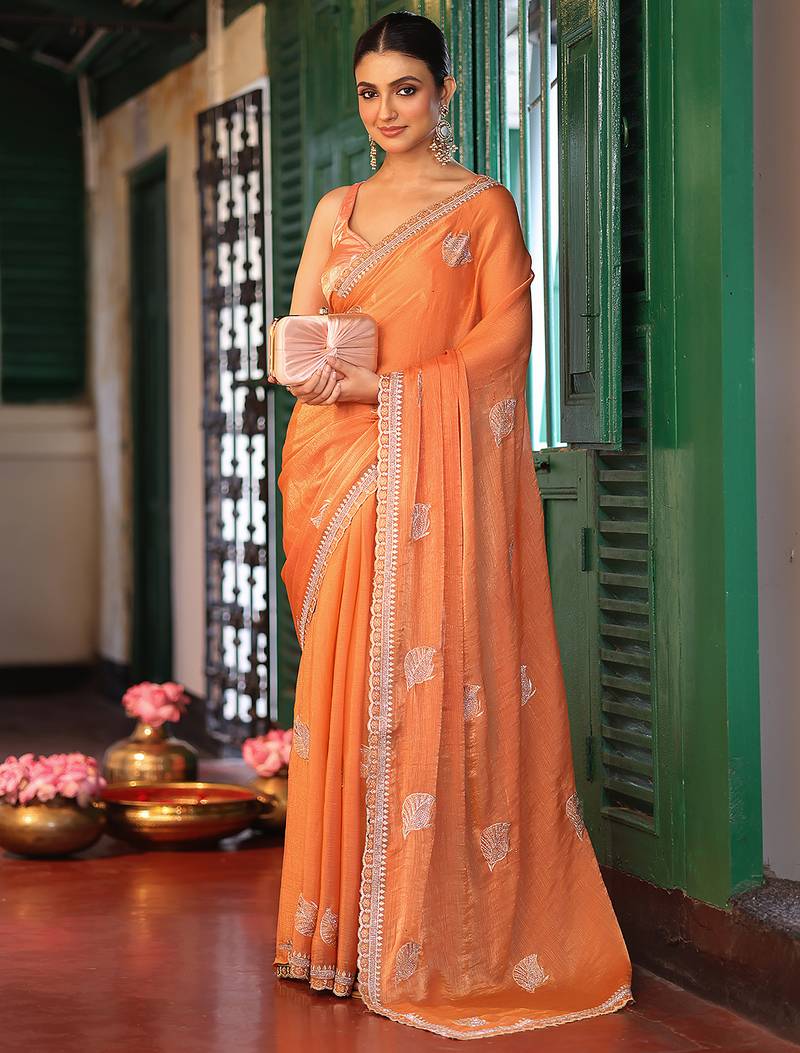 orange color tissue fabric embroidery work ethnic girlie saree