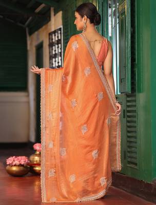 orange tissue embroidery work ethnic girlie saree 2