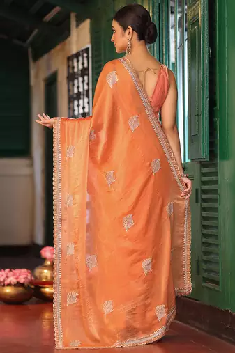 orange tissue embroidery work ethnic girlie saree