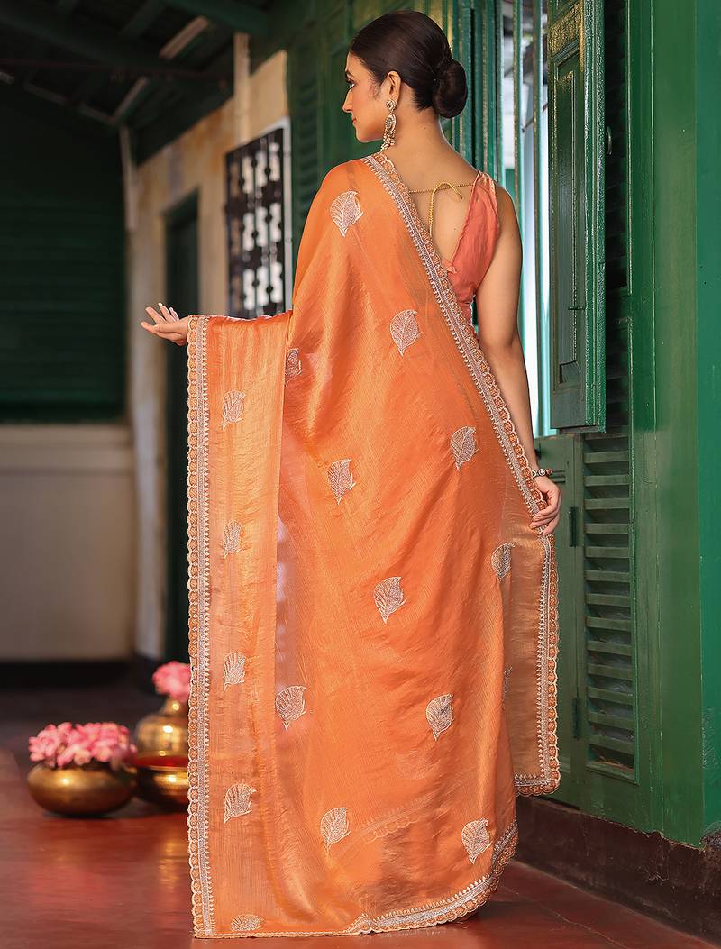 orange color tissue fabric embroidery work ethnic girlie saree