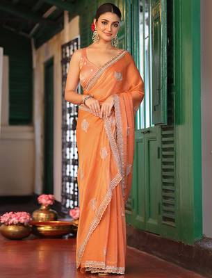 orange tissue embroidery work ethnic girlie saree 4