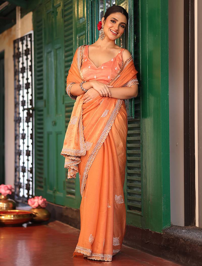 orange color tissue fabric embroidery work ethnic girlie saree