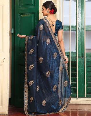 blue chiffon embroidery work ethnic girlie saree 2