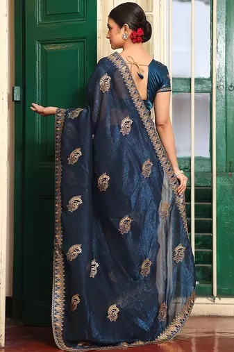 blue chiffon embroidery work ethnic girlie saree